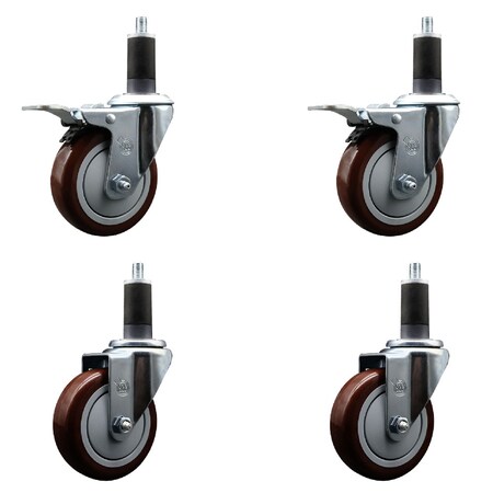 Service Caster 4'' Maroon Poly Swivel 1-1/4'' Expanding Stem Caster Set 2 Total Lock Brakes, 4PK SCC-EXTTL20S414-PPUB-MRN-2-S-2-114